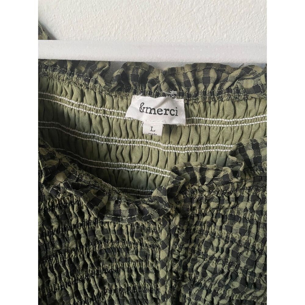 &merci Olive Green Gingham Smocked Peasant Blouse Puff Sleeve L - Picture 2 of 4